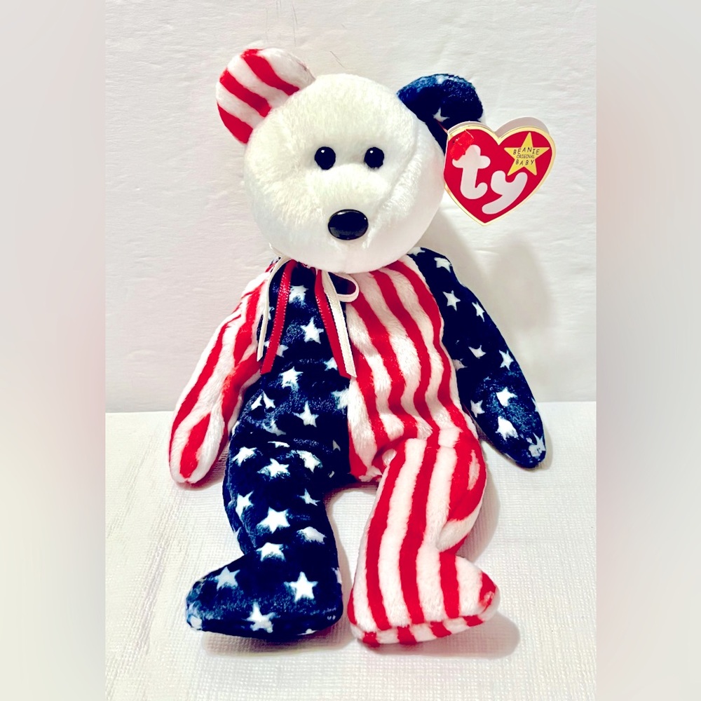 TY Beanie Baby SPANGLE the Bear (White Head) w/ Swing + Tush Tag USA America